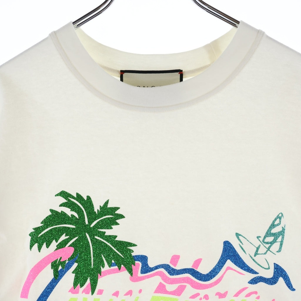 GUCCI(グッチ) 19SS Hawaii Logo S/S Tee ハワイ ロゴプリント 半袖Tシャツ カットソー ラメ ホワイト 580762 XJCRA レディース