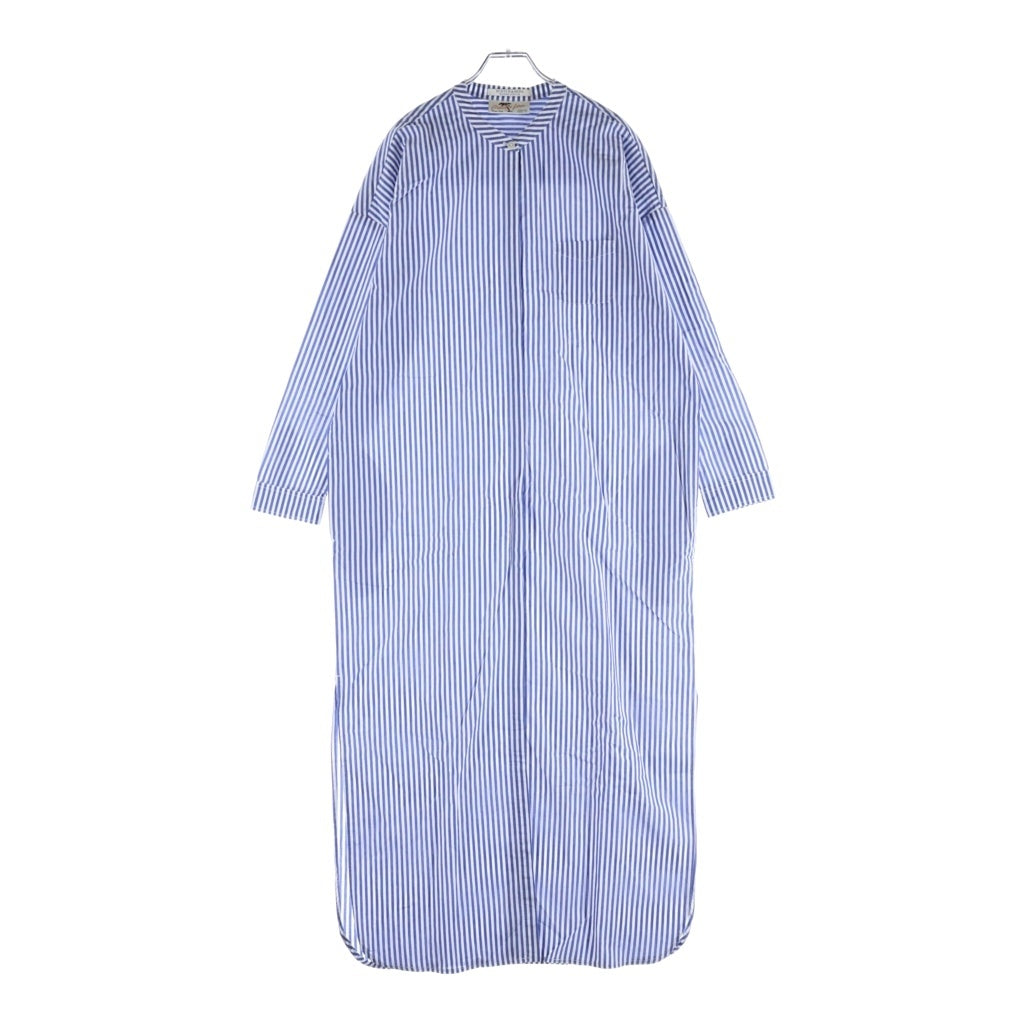 SCOTCH&SODA(スコッチ アンド ソーダ) ストライプ総柄 スタンドカラー コットン 長袖 ロング シャツ ワンピース ブルー レディース