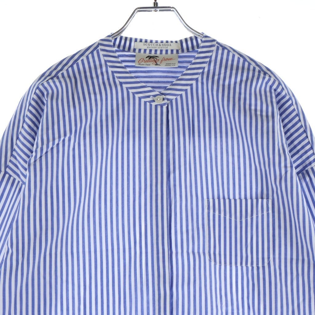 SCOTCH&SODA(スコッチ アンド ソーダ) ストライプ総柄 スタンドカラー コットン 長袖 ロング シャツ ワンピース ブルー レディース