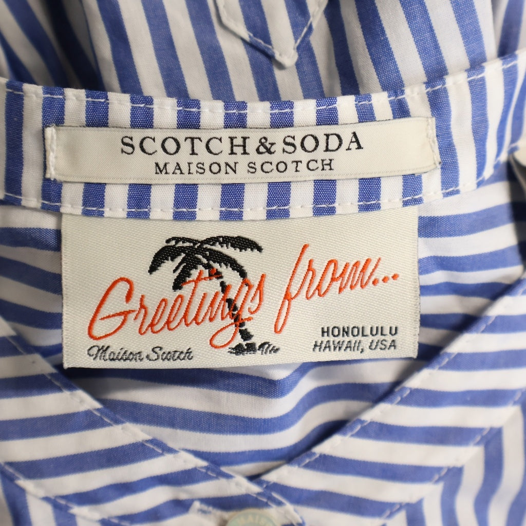SCOTCH&SODA(スコッチ アンド ソーダ) ストライプ総柄 スタンドカラー コットン 長袖 ロング シャツ ワンピース ブルー レディース
