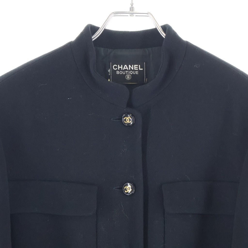 CHANEL(シャネル) ココマークボタン ウール スタンドカラー マルチポケット ロングジャケット コート ブラック レディース