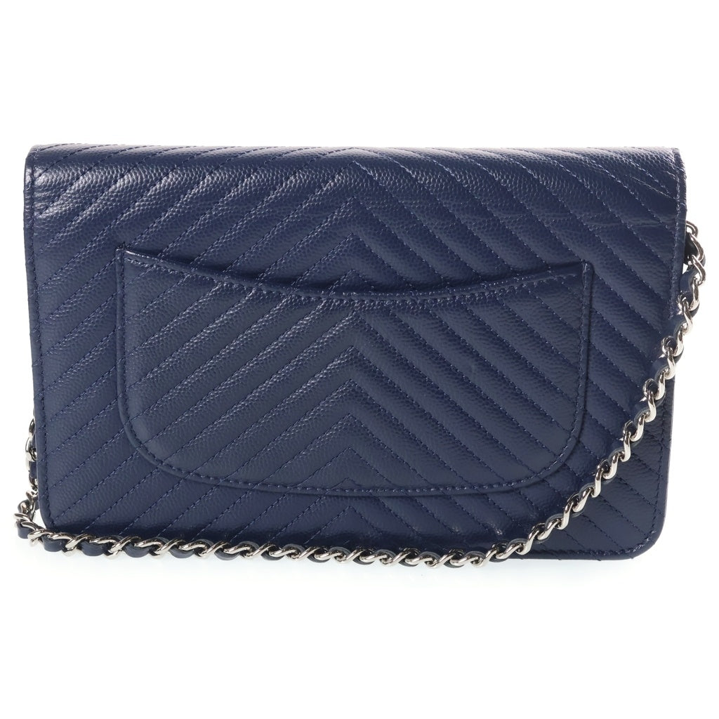 CHANEL(シャネル) シェブロン チェーンウォレット ネイビー キャビアスキン シルバー金具 22番台 レディース