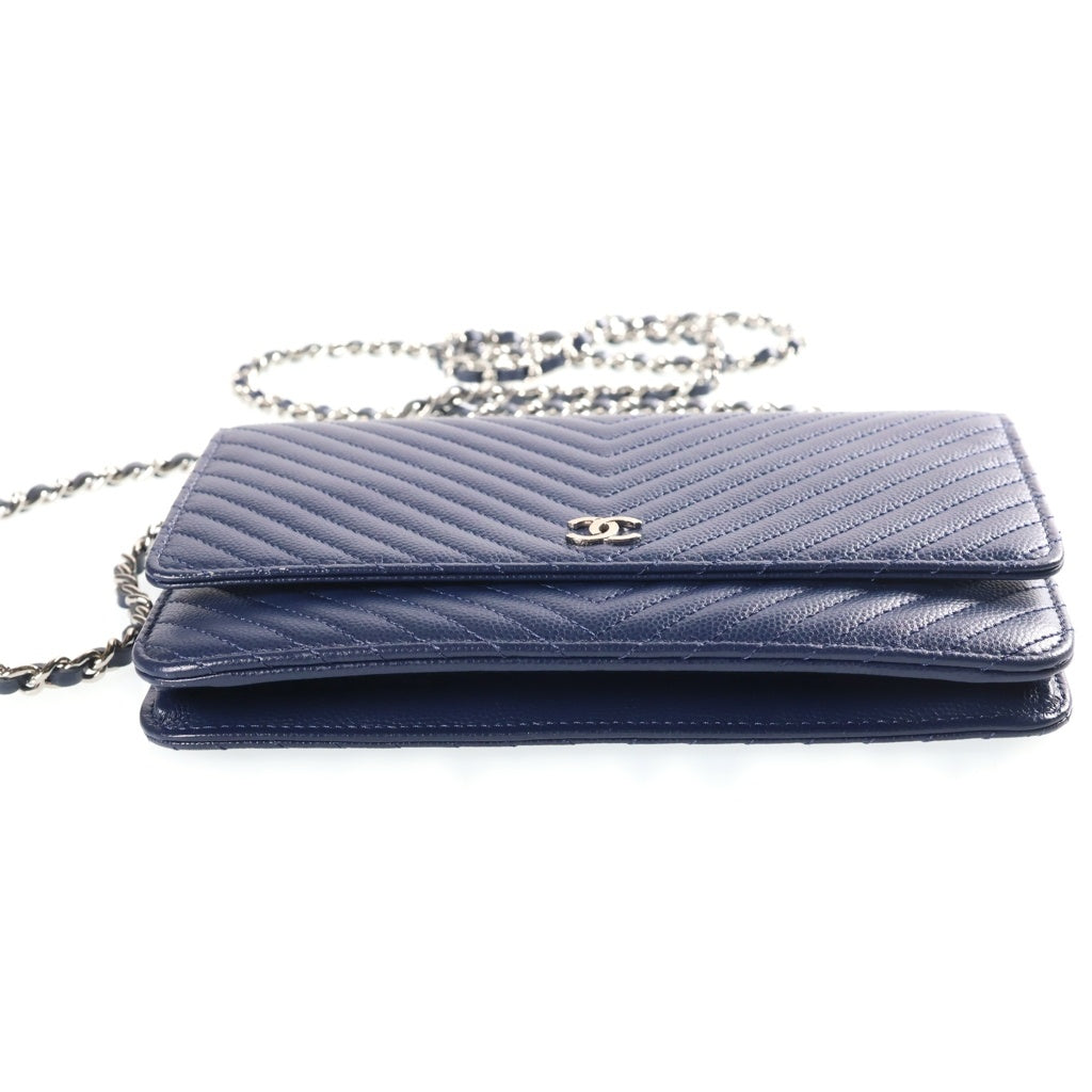 CHANEL(シャネル) シェブロン チェーンウォレット ネイビー キャビアスキン シルバー金具 22番台 レディース