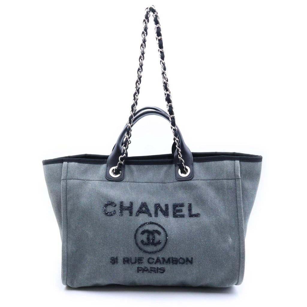 CHANEL(シャネル) ドーヴィル トートバッグ スパンコール ブラック×グレー キャンバス×レザー レディース