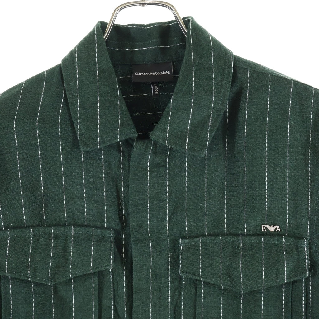 EMPORIO ARMANI(エンポリオアルマーニ) Stripe Shirt Jacket 胸ロゴ ストライプ シャツジャケット リネン グリーン 3G1CA3 1NMUZ