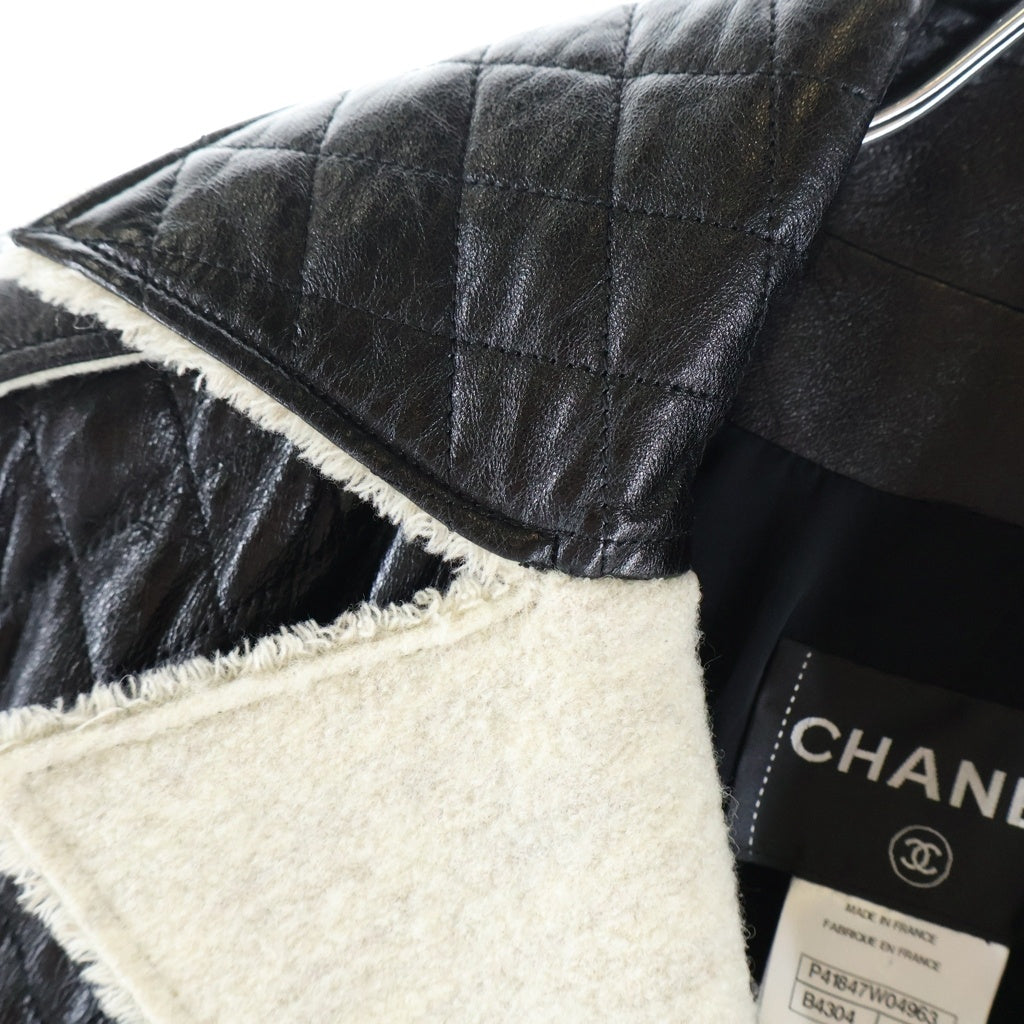 CHANEL(シャネル) ココマークボタン マトラッセ ラムスキン レザー ダブルブレスト ライダース ロングジャケット コート ブラック レディース P41847W04963
