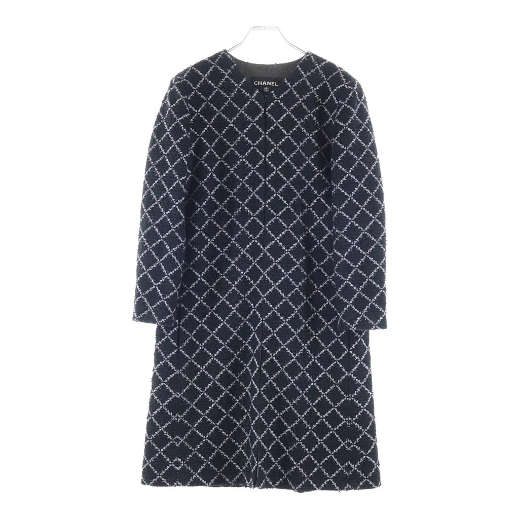 CHANEL(シャネル) ツイード チェック総柄 ノーカラー ガウン ロングコート ブラック レディース P53791V40222