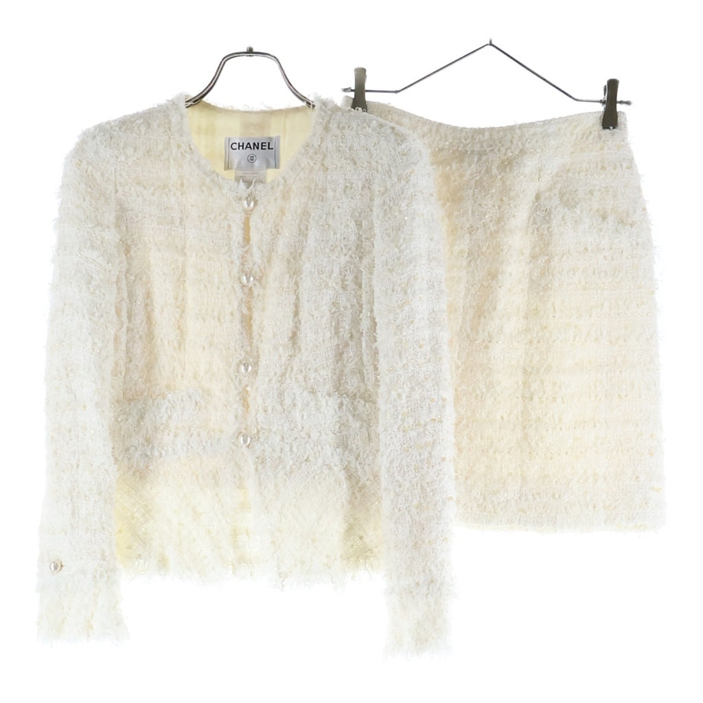 CHANEL(シャネル) 05P セットアップ パールココマークボタン ファンシーツイード スパンコール ノーカラージャケット タイトミニスカート ホワイト レディース P25516V15560/P25517V15560