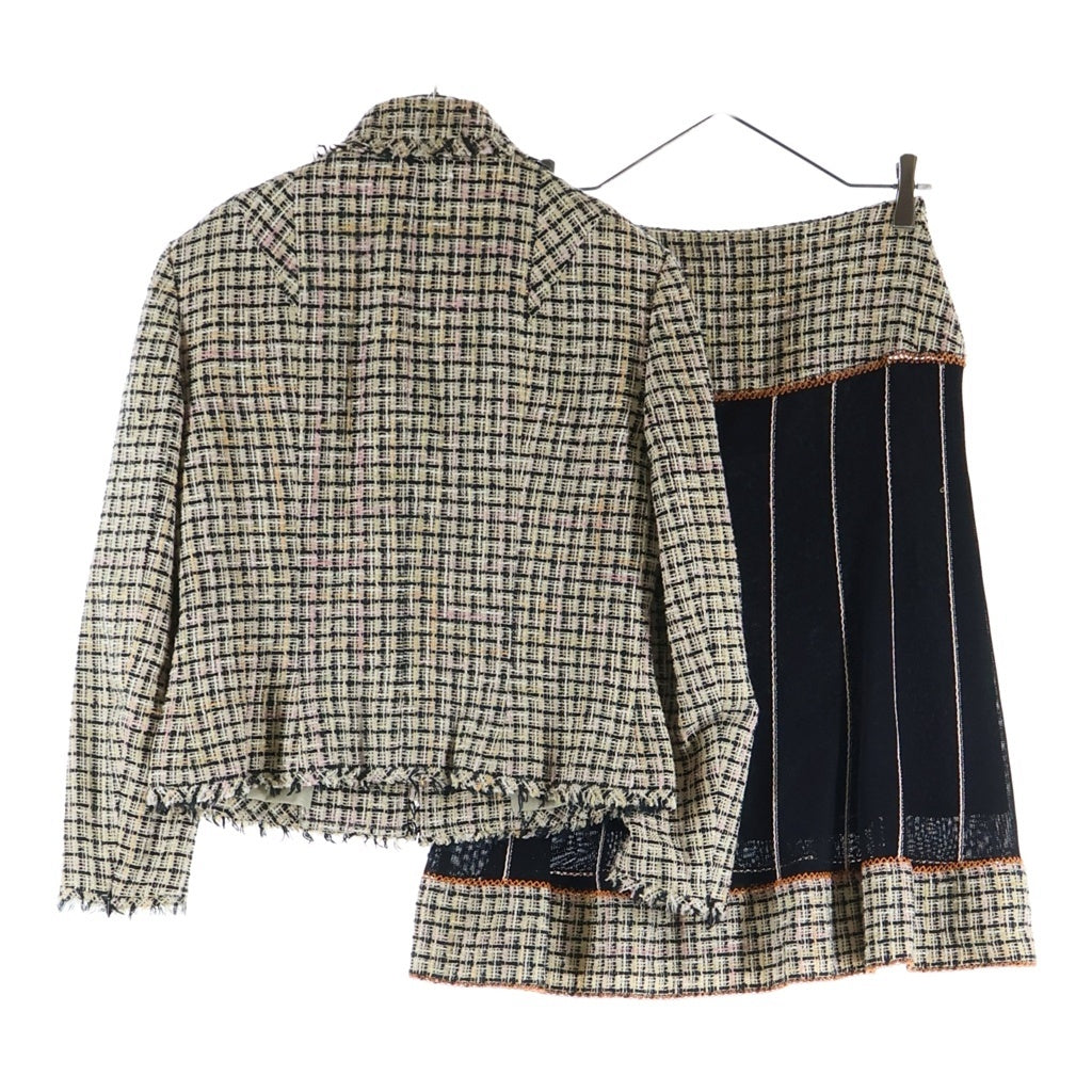 CHANEL(シャネル) 03Pセットアップ ツイードチェック総柄 コサージュ付き 3B テーラードジャケット ストライプ切り替え ミディアムスカート ベージュ レディースP20982V12374/P21398W03149