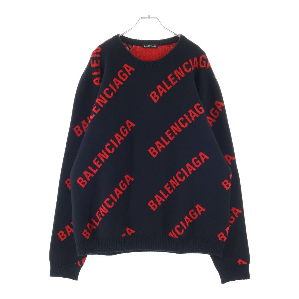 BALENCIAGA(バレンシアガ) 19SS ジャガードロゴ 総柄 クルーネック ニットセーター ネイビー/レッド 570753 T3153