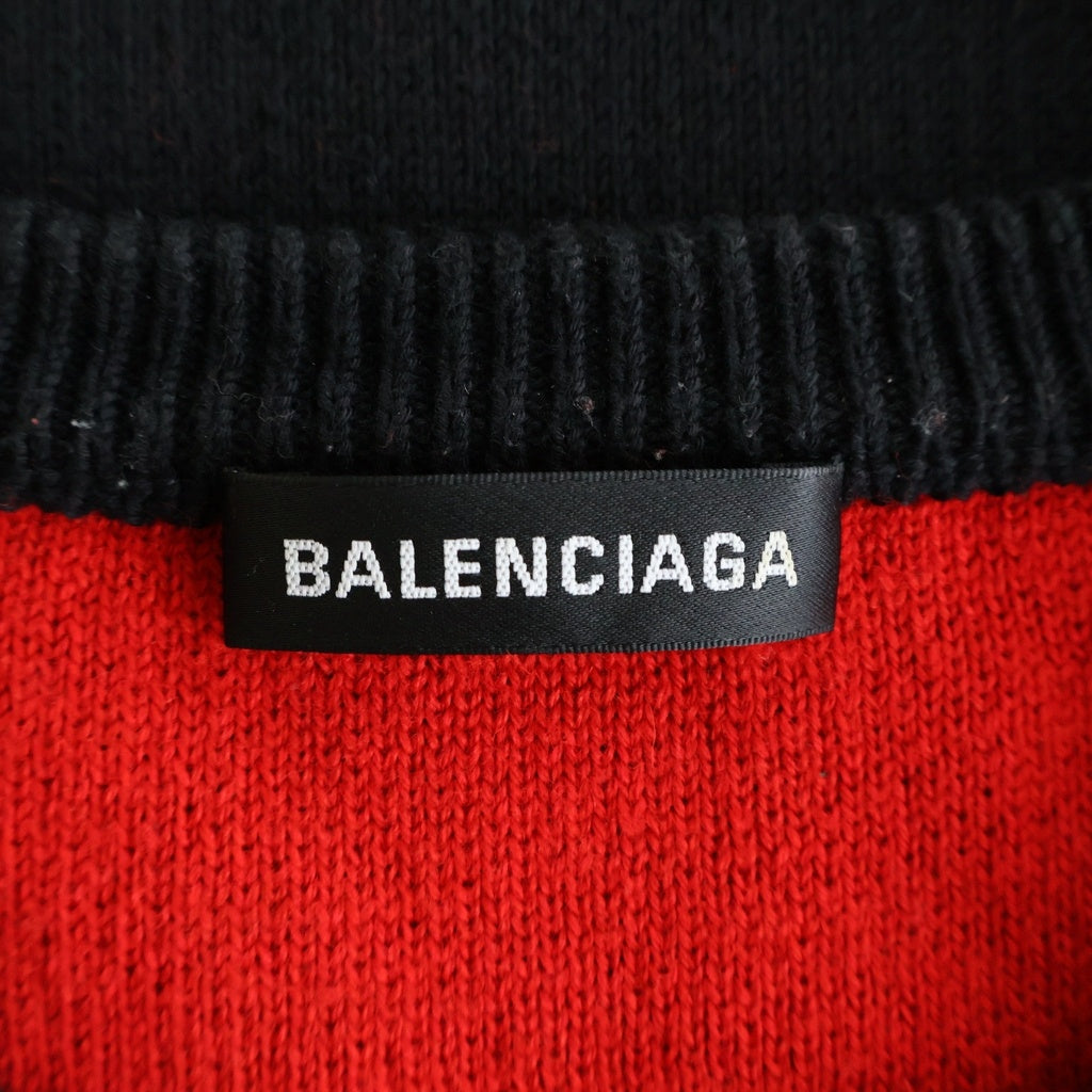BALENCIAGA(バレンシアガ) 19SS ジャガードロゴ 総柄 クルーネック ニットセーター ネイビー/レッド 570753 T3153