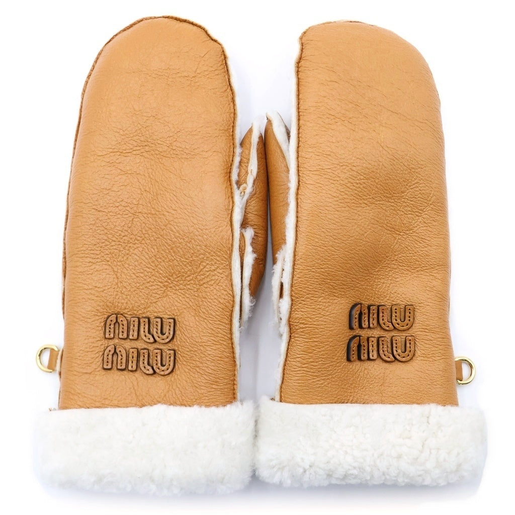 miumiu(ミュウミュウ) 25AW Sheep Skin Leather Globe シープスキン レザーグローブ ロゴ ムートン ミトン型 手袋 ブラウン 5GG104 レディース
