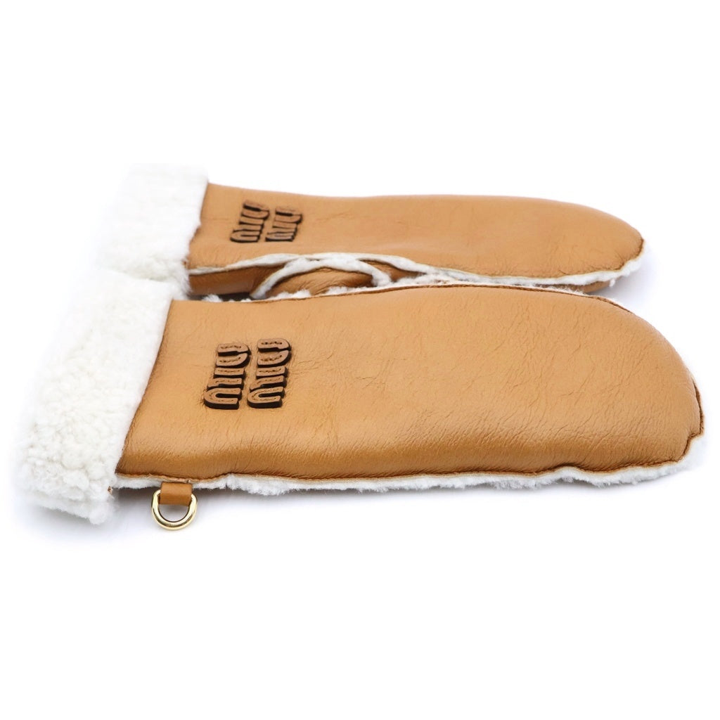 miumiu(ミュウミュウ) 25AW Sheep Skin Leather Globe シープスキン レザーグローブ ロゴ ムートン ミトン型 手袋 ブラウン 5GG104 レディース