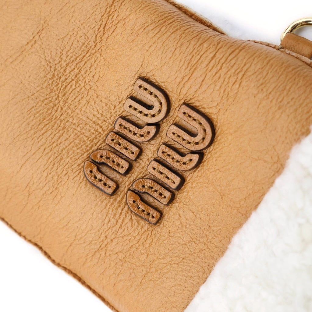 miumiu(ミュウミュウ) 25AW Sheep Skin Leather Globe シープスキン レザーグローブ ロゴ ムートン ミトン型 手袋 ブラウン 5GG104 レディース