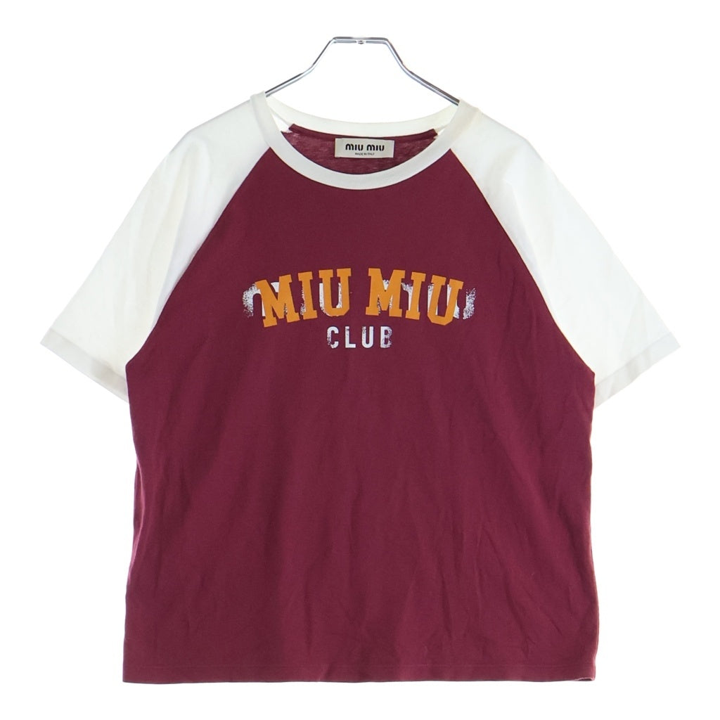 miumiu(ミュウミュウ) ラグランスリーブ フロントロゴプリント 半袖Tシャツ カットソー ワインレッド/ホワイト MJN400 11MV レディース