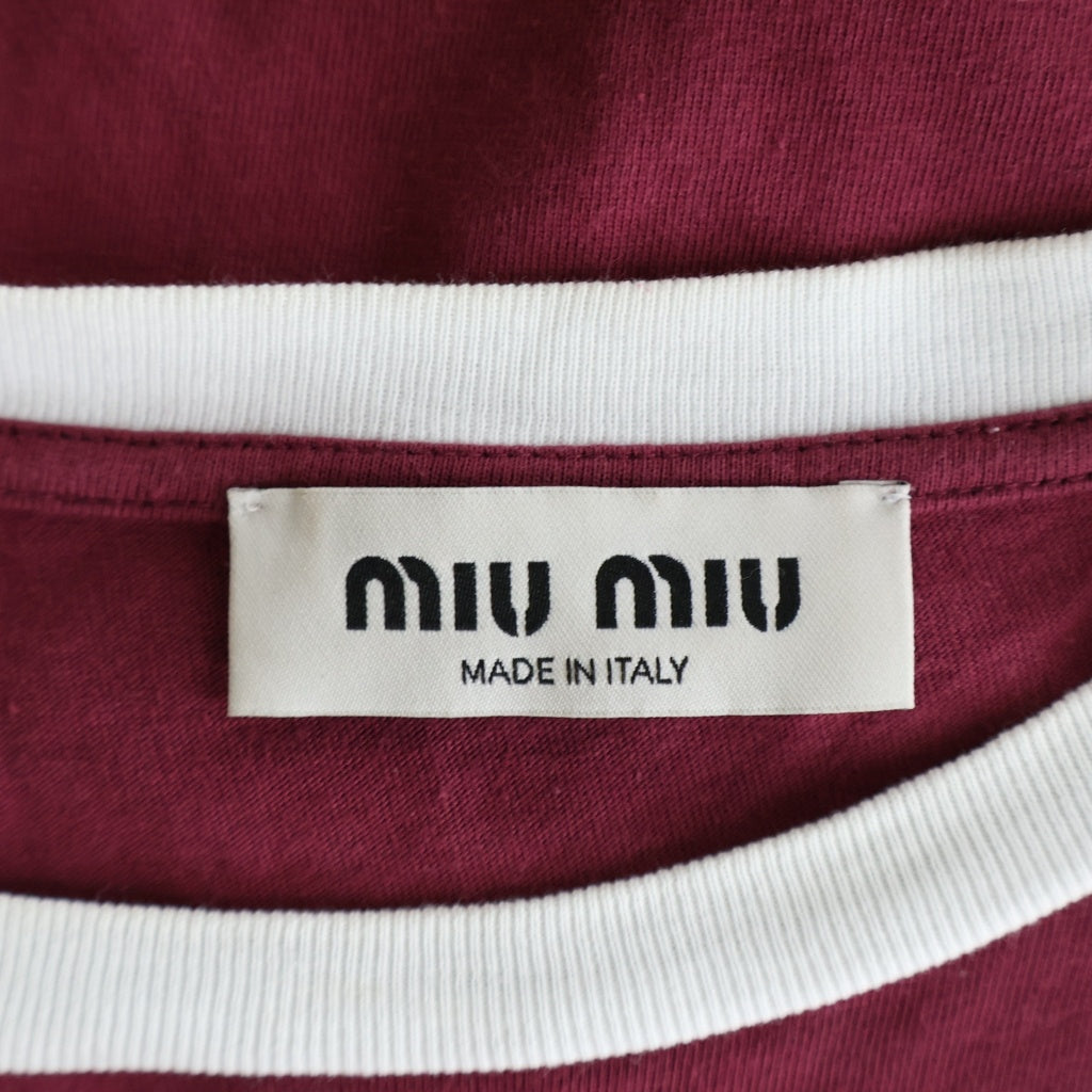 miumiu(ミュウミュウ) ラグランスリーブ フロントロゴプリント 半袖Tシャツ カットソー ワインレッド/ホワイト MJN400 11MV レディース