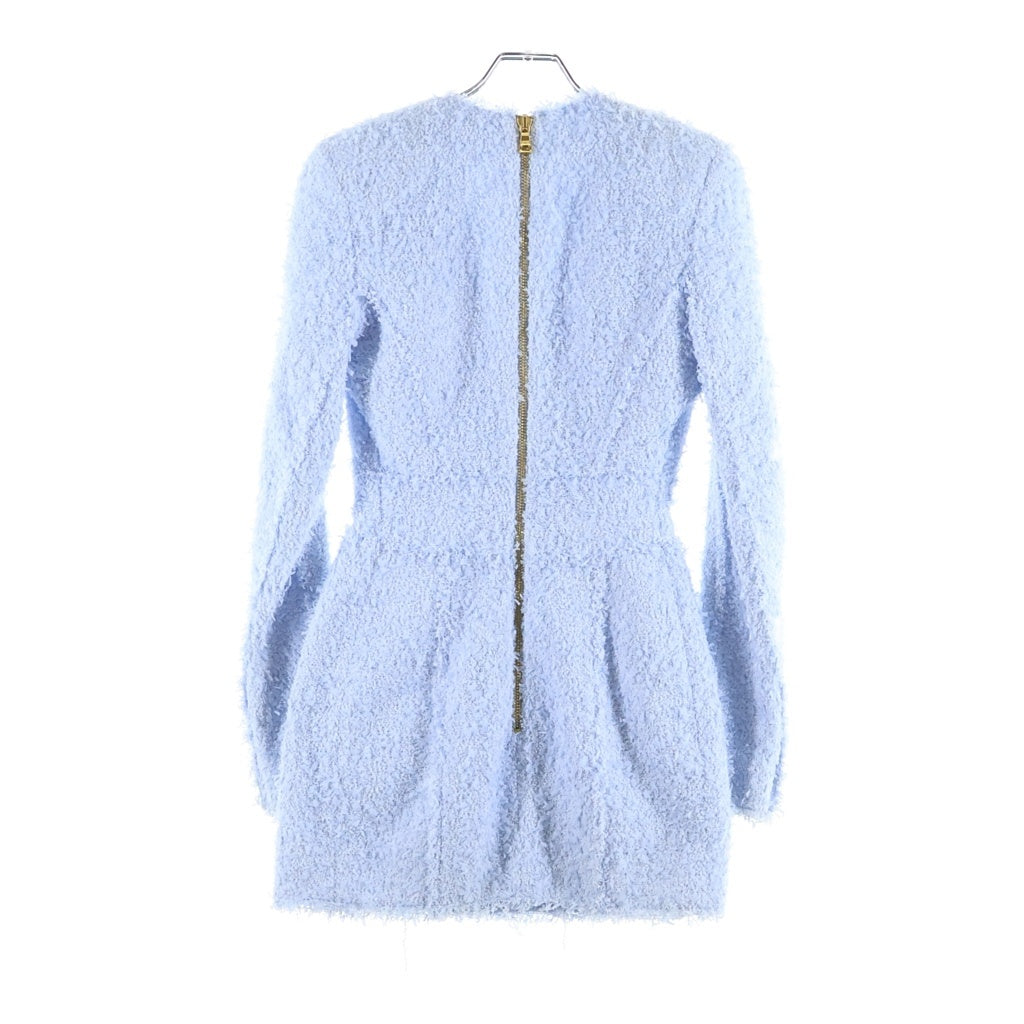 BALMAIN(バルマン) V-Neck Tweed Mini Dress vネック ツイードミニドレス 長袖ワンピース メデューサ金ボタン ブルー R8015XC67 レディース
