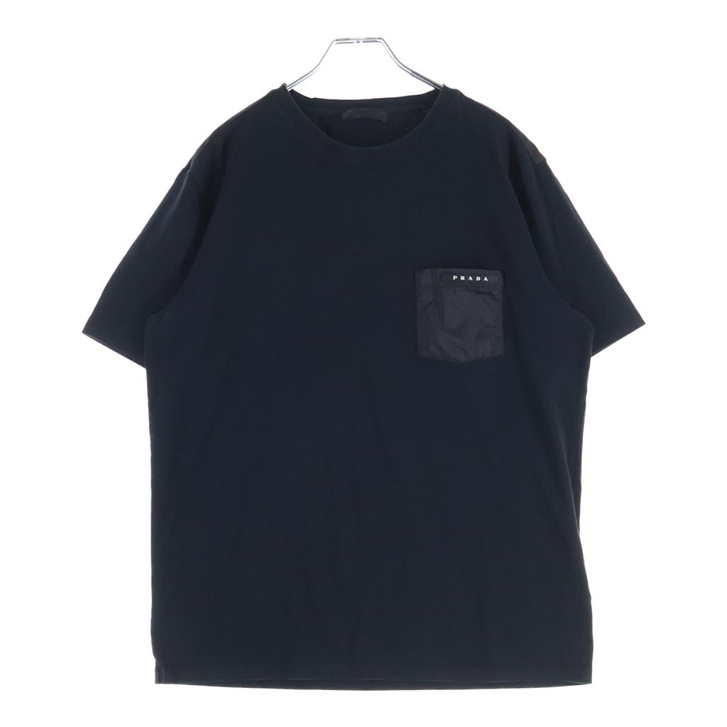 PRADA(プラダ) コットン ナイロン切替 ラバーロゴ クルーネック 半袖Tシャツ カットソー ブラック SJN250