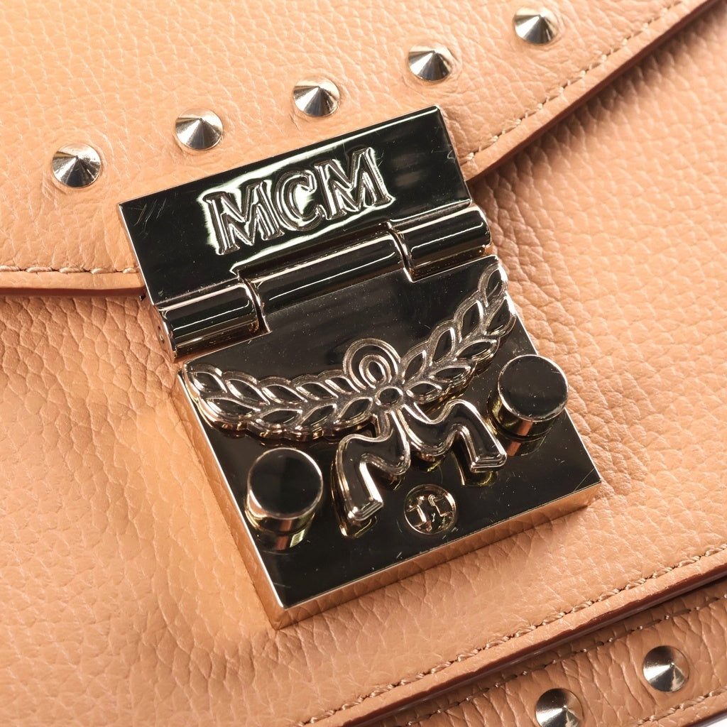 MCM(エム シー エム) パトリシア サッチェル スタッズ 2WAYチェーンハンドバッグ ショルダーバッグ ブラウン レザー ゴールド金具 レディース