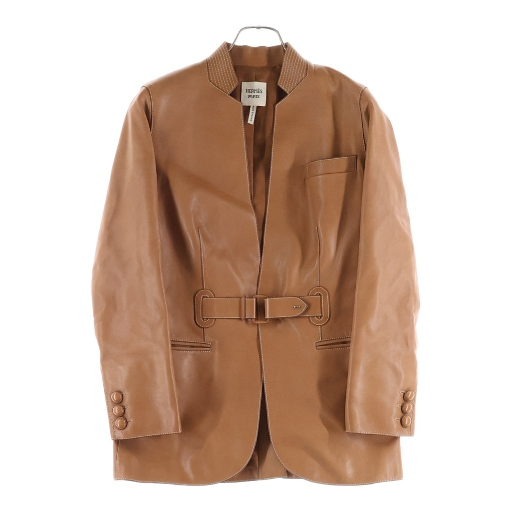 HERMES(エルメス) シェーヌダンクル ノーカラーカウレザージャケット ブラウン #38 レディース