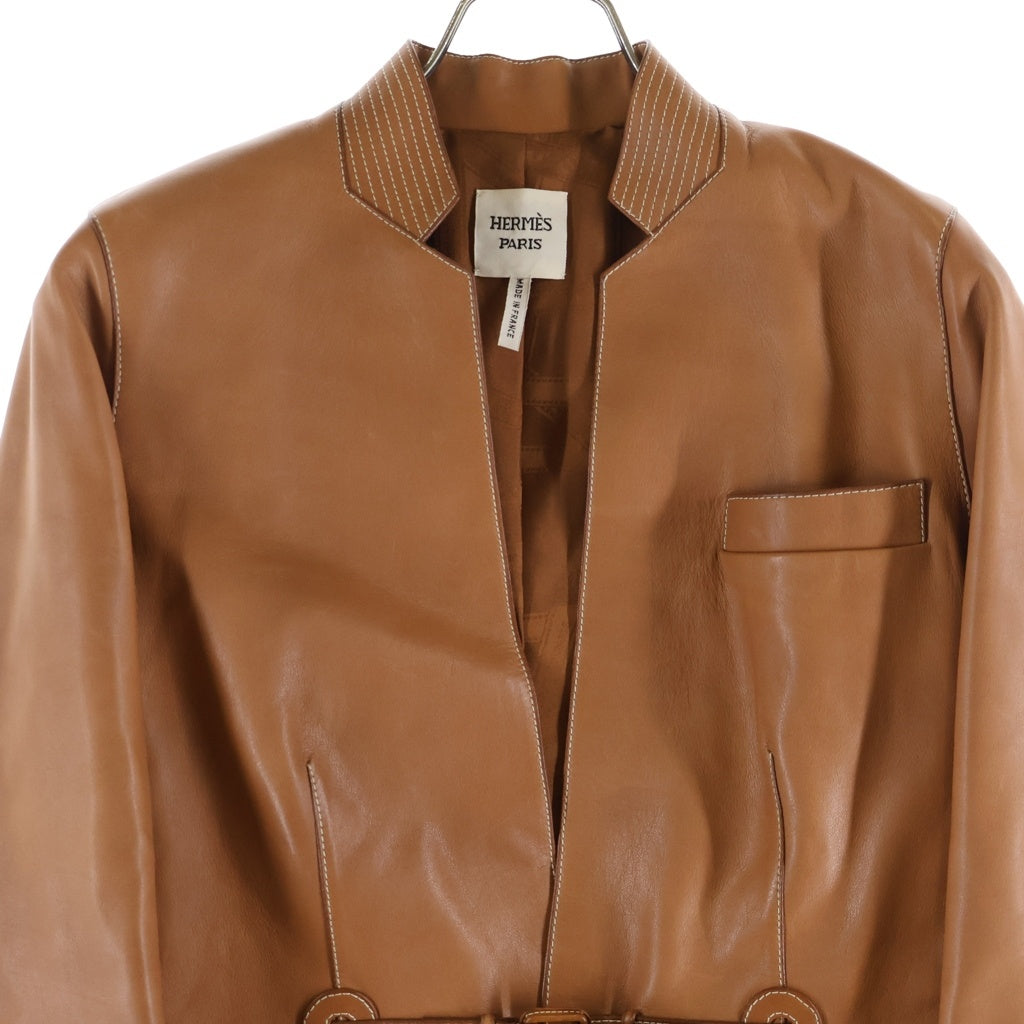 HERMES(エルメス) シェーヌダンクル ノーカラーカウレザージャケット ブラウン #38 レディース