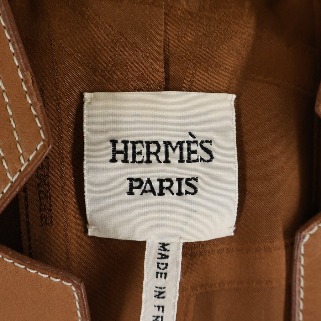 HERMES(エルメス) シェーヌダンクル ノーカラーカウレザージャケット ブラウン #38 レディース
