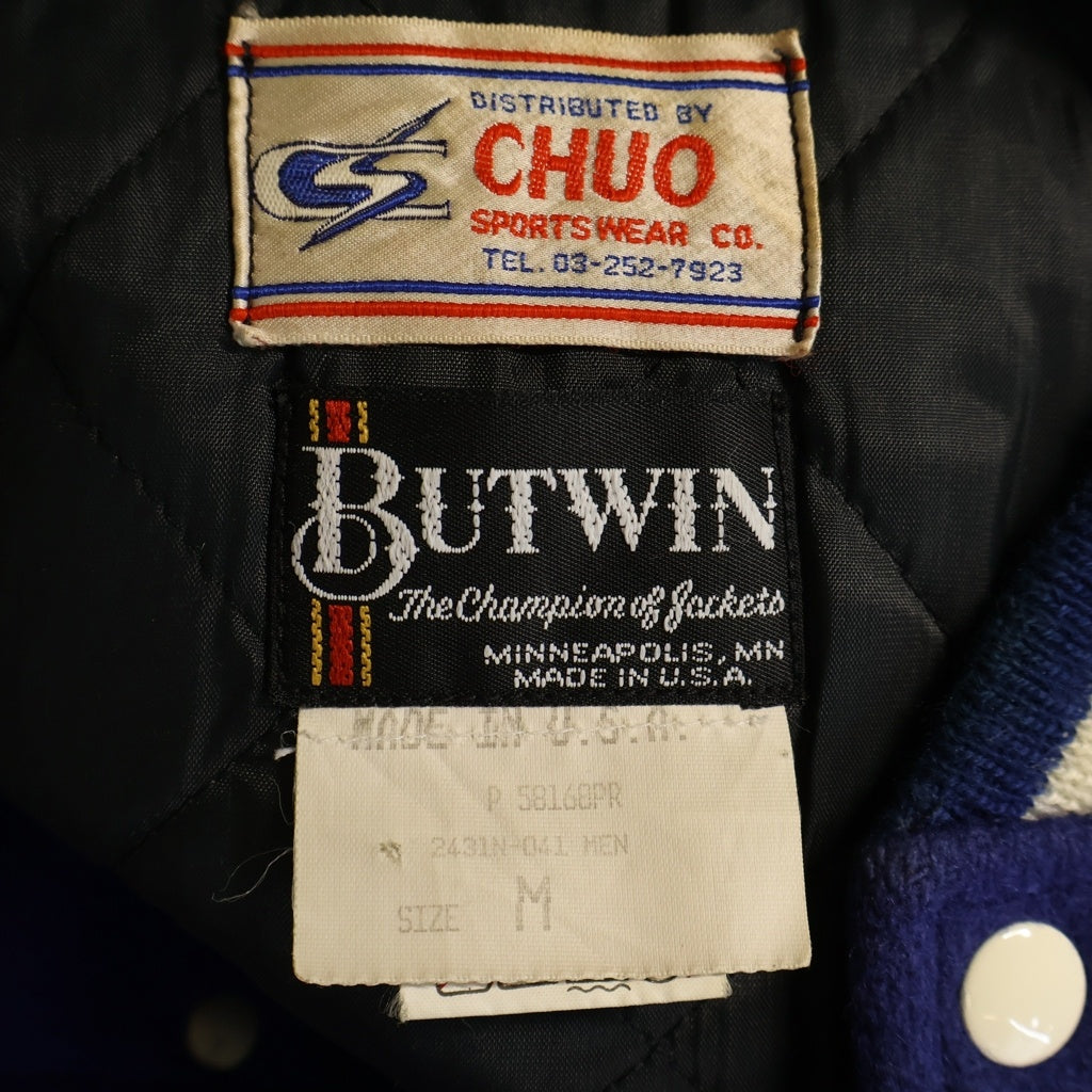 VINTAGE(ヴィンテージ) 90S BUTWIN バトウィン USA製 袖レザードッキング パッチデザイン 裏地キルティング ボタン スタジャン ブルゾン ブルー/ホワイト