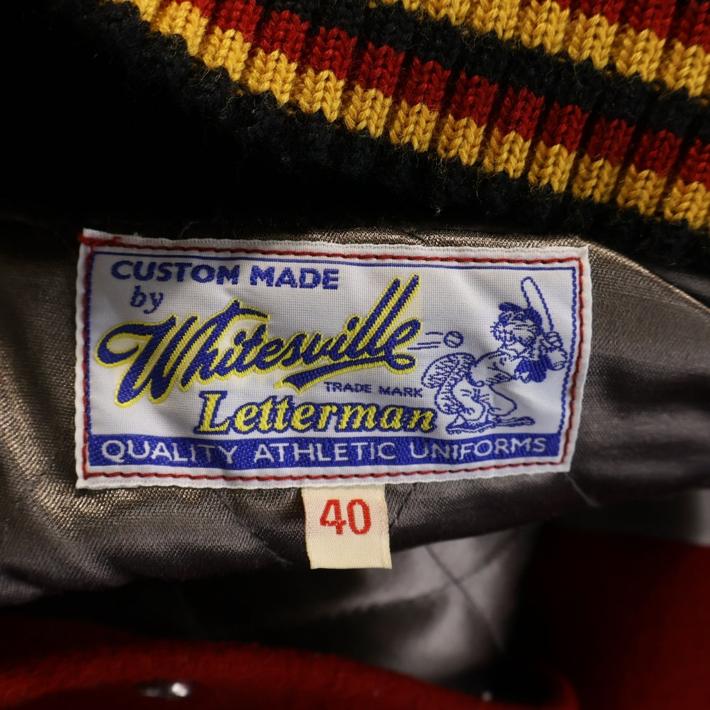Whitesville(ホワイツビル) 袖レザー切替ドッキング 裏地キルティング 総柄パッチデザイン ボタン スタジャン ブルゾン レッド/ホワイト