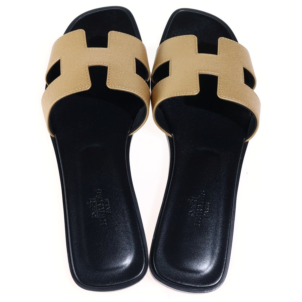 HERMES(エルメス) オラン レザーサンダル ブラック×ゴールド #38 レディース