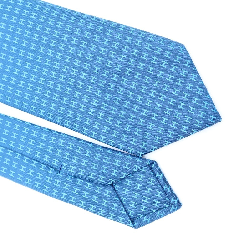 HERMES(エルメス) CRAVATE FACONNEE ファソネH ジャガード 総柄 シルク ネクタイ ブルー 038188T