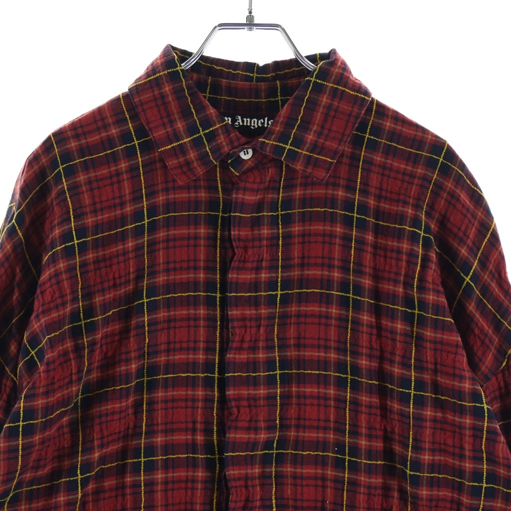 Palm Angels(パームエンジェルス) 20AW FLANNEL CURVED LOGO OVERSHIRT アーチロゴ ペイント加工 フランネル 長袖シャツ レッド PMGA079F20FAB001