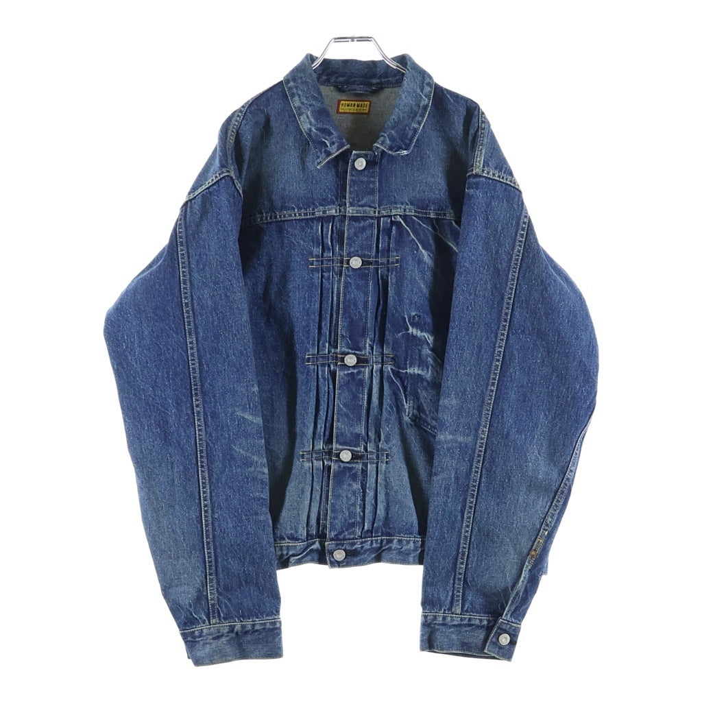 HUMAN MADE(ヒューマンメイド) 1ST DENIM WORK JACKET FUTURE バックロゴエンブロイダリーデザイン ウォッシュ加工 デニム トラッカー ジャケット インディゴ HM30JK002