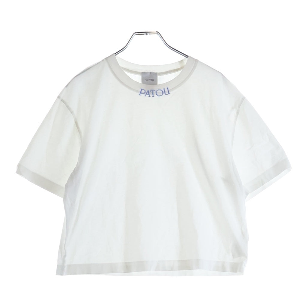 PATOU(パトゥー) ネックロゴ刺繍 クロップド 半袖Tシャツ カットソー ホワイト レディース