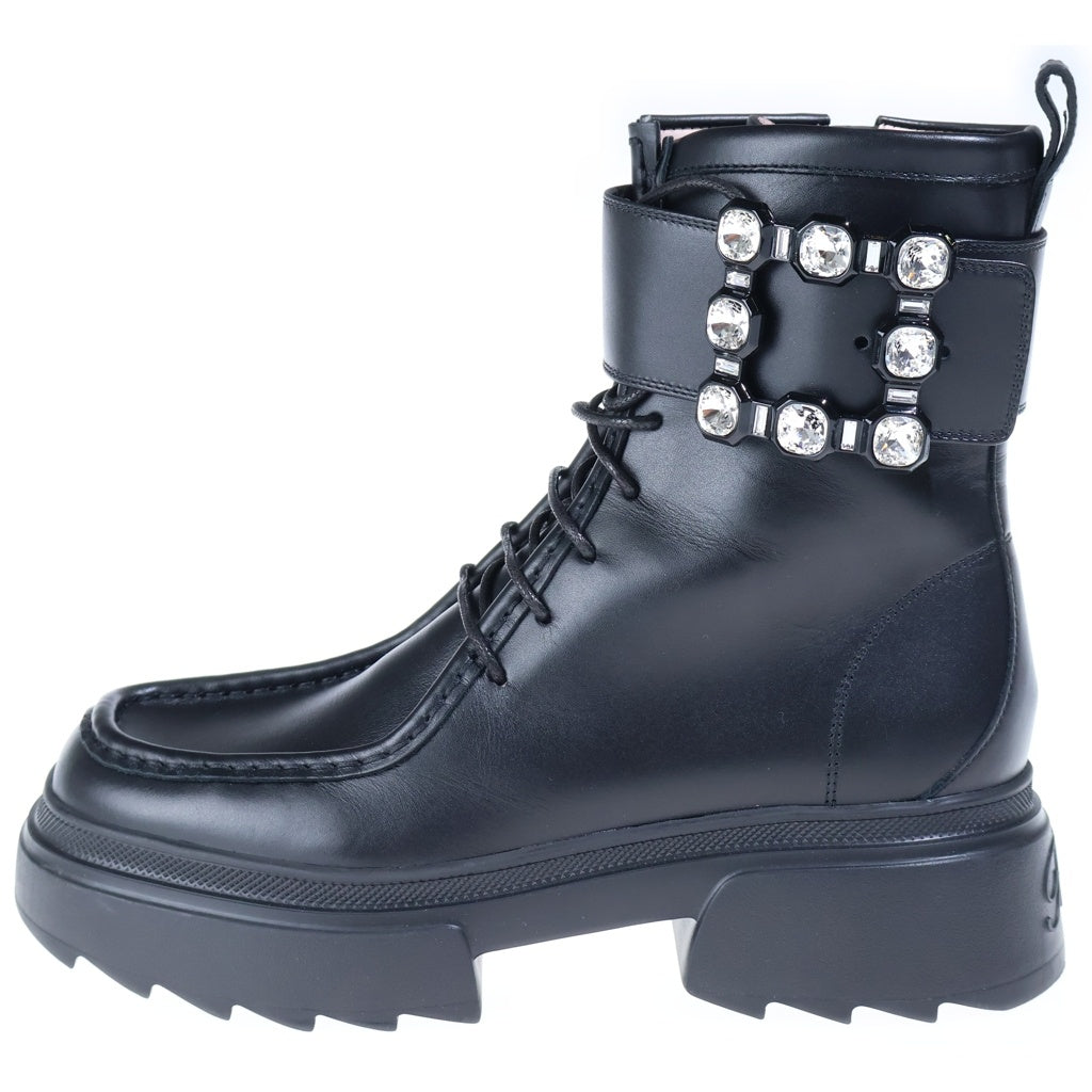 Roger Vivier(ロジェヴィヴィエ) サイドビジュー装飾 レースアップ レザー アンクルブーツ ブラック レディース