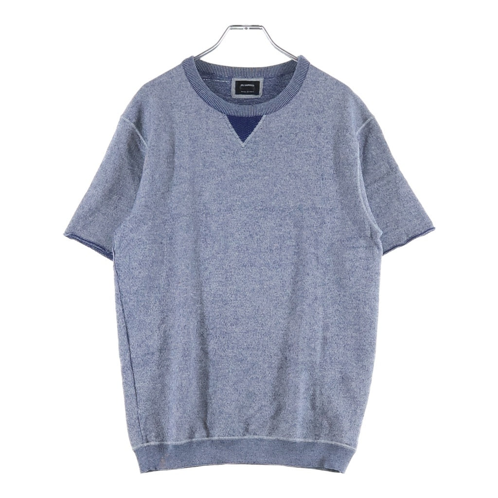 JIL SANDER(ジルサンダー) 前Vガセット 袖切りっぱなしデザイン クルーネック 半袖 ニットTシャツ グレー/ブルー OM751053MY24041851