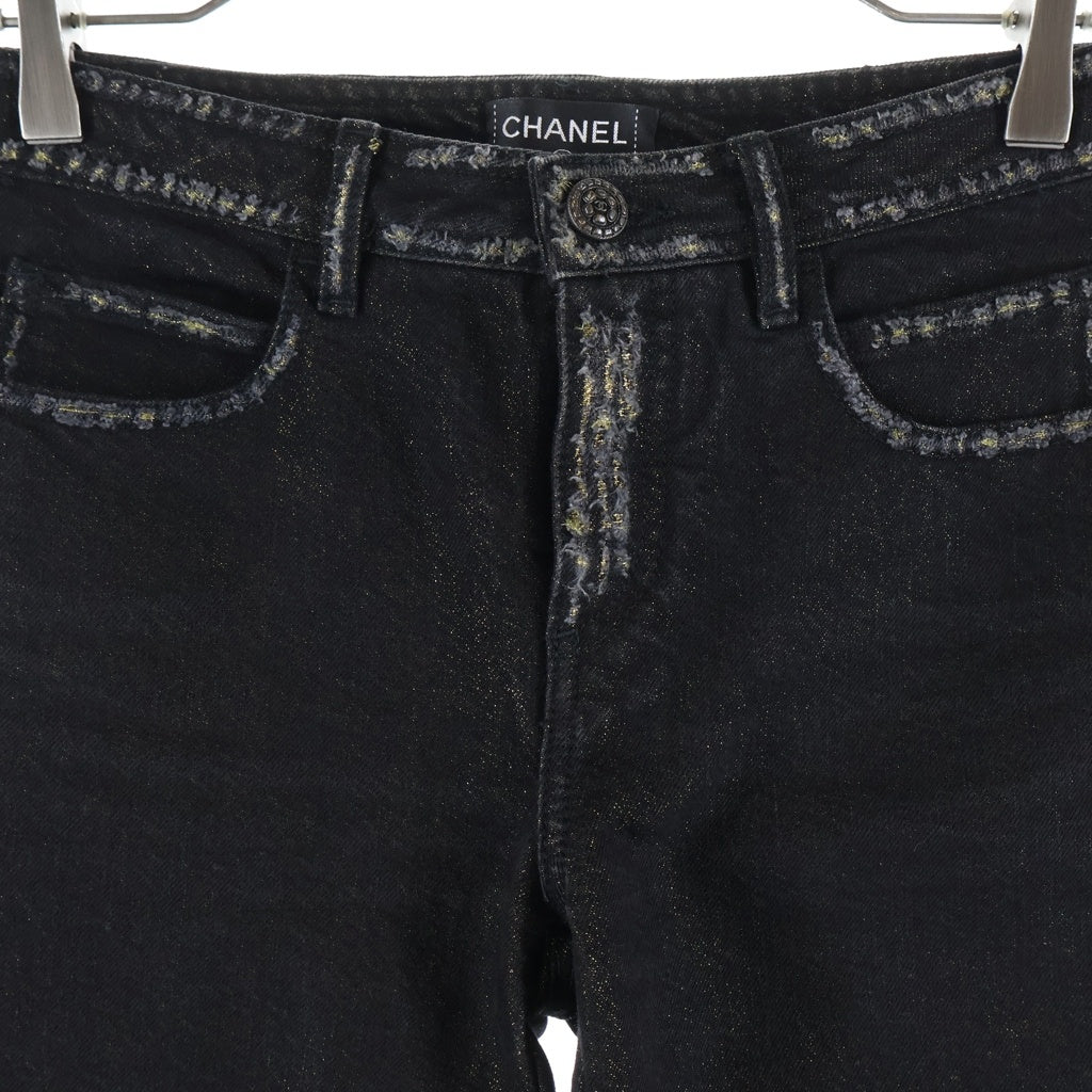 CHANEL(シャネル) CC Black Denim Pants ココマーク刺繍 ゴールドラメ入り デニムパンツ ブラック P39554V28706 レディース