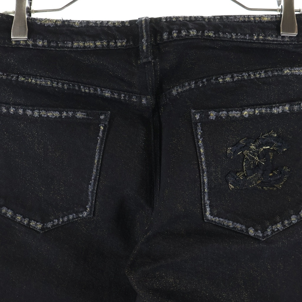 CHANEL(シャネル) CC Black Denim Pants ココマーク刺繍 ゴールドラメ入り デニムパンツ ブラック P39554V28706 レディース