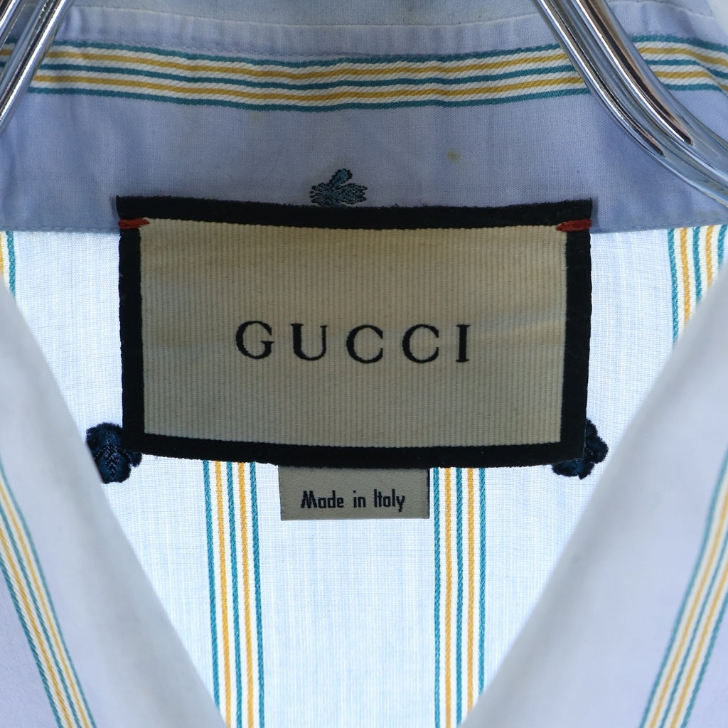 GUCCI(グッチ) ビー柄刺繍 ストライプ コットン 長袖ドレスシャツ ホワイト/ブルー 568356