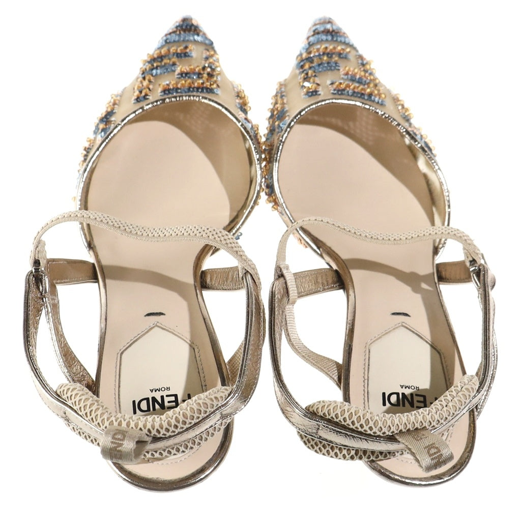 FENDI(フェンディ) スリングバックヒールパンプス シューズ スパンコール メタリックローヒール ベージュ レディース