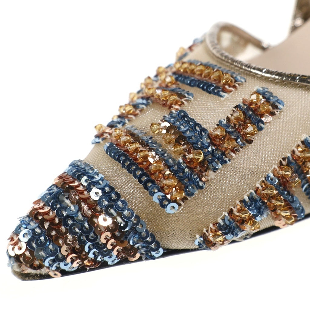 FENDI(フェンディ) スリングバックヒールパンプス シューズ スパンコール メタリックローヒール ベージュ レディース