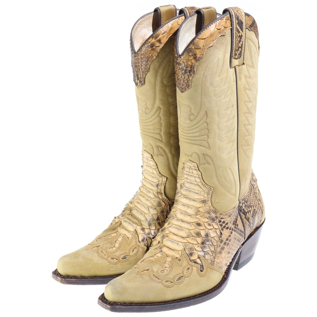 NO BRAND(ノーブランド) SANCHO BOOTS サンチョ デザインステッチ パイソン柄 ウエスタンブーツ ベージュ レディース