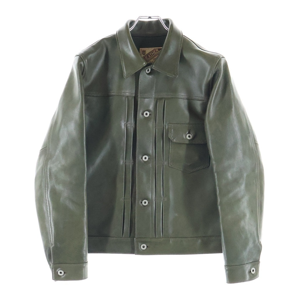 Y'2 LEATHER(ワイツーレザー) ECO HORSE 1st TYPE シングルボタンフライ プリーツ ホースレザー ライダースジャケット カーキ EB-140