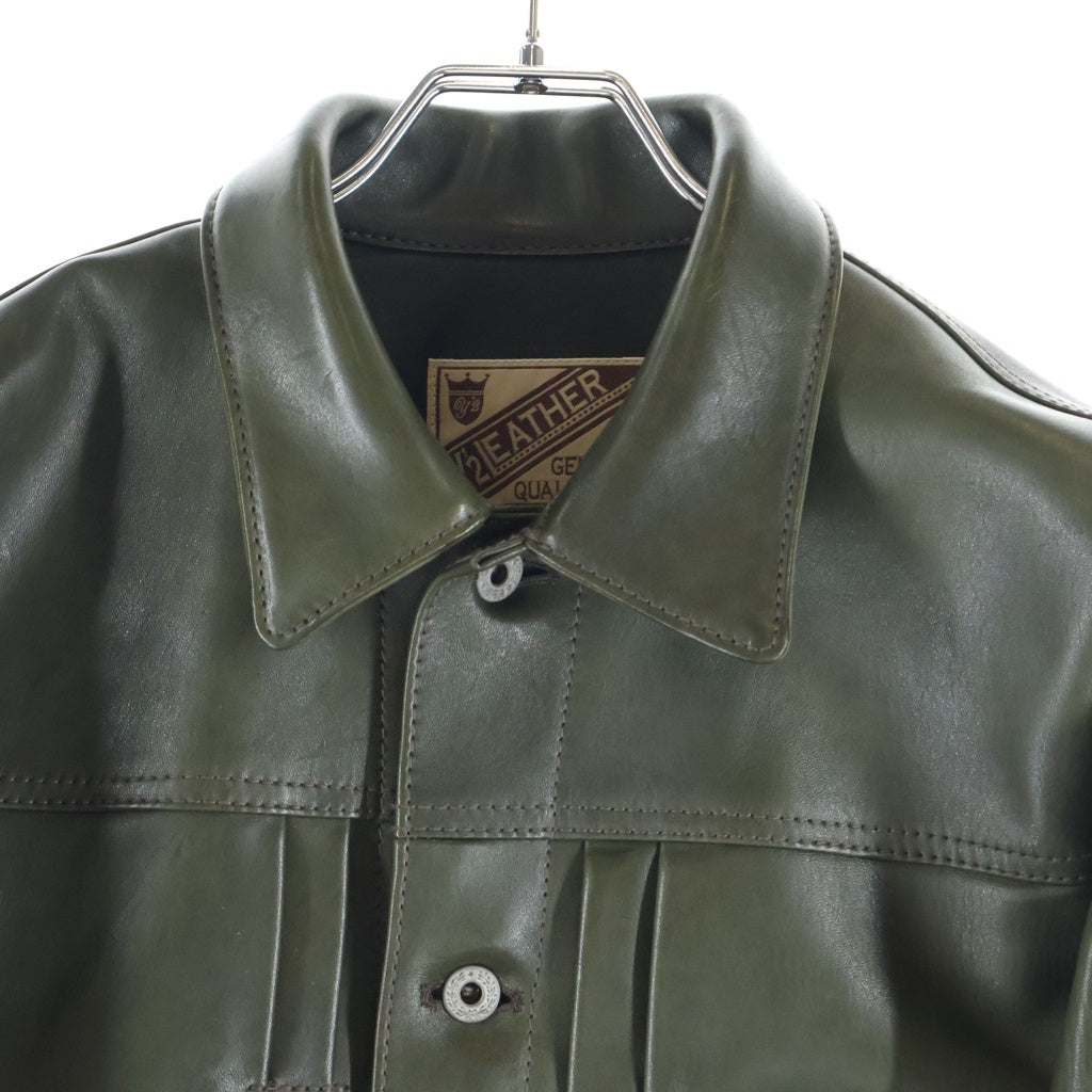 Y'2 LEATHER(ワイツーレザー) ECO HORSE 1st TYPE シングルボタンフライ プリーツ ホースレザー ライダースジャケット カーキ EB-140