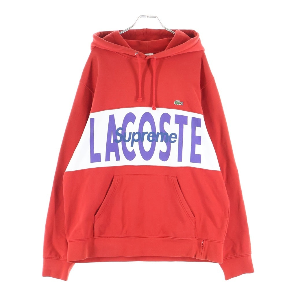 SUPREME(シュプリーム) 19AW ×LACOSTE Logo Panel Hooded Sweatshirt ラコステ ロゴ パネル フーデッド スウェットシャツ プルオーバーパーカー レッド/ホワイト