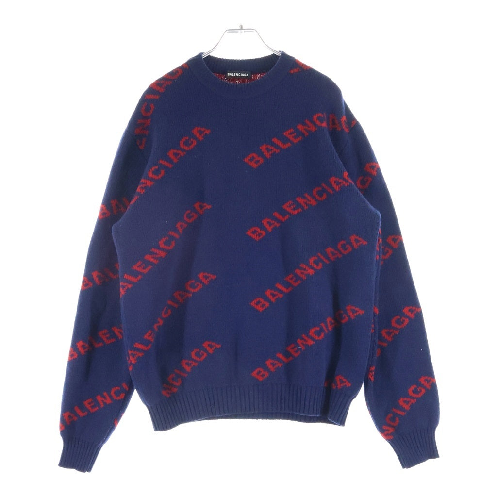 BALENCIAGA(バレンシアガ) 19AW ALLOVER LOGO CREWNECK KNIT オールオーバーロゴ クルーネック ジャガード ニットセーター ネイビー 547831 T1473