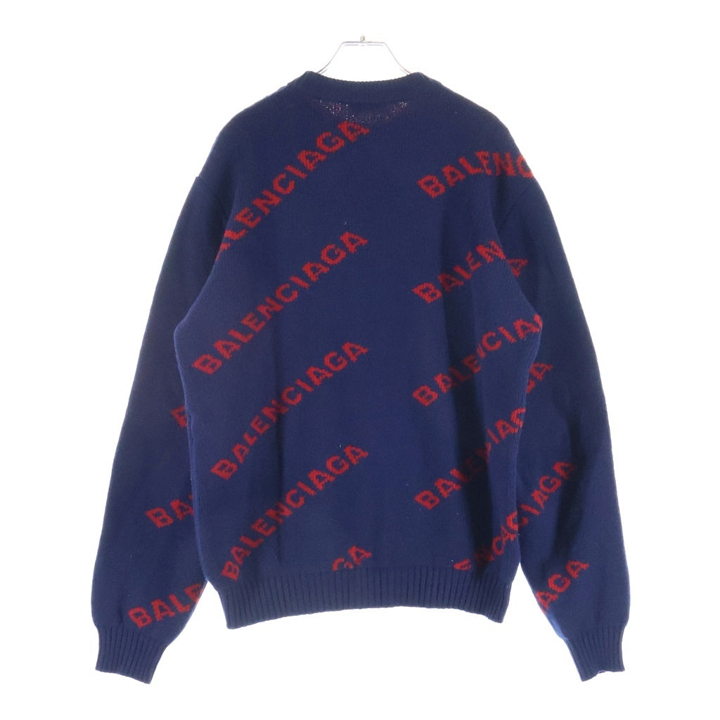 BALENCIAGA(バレンシアガ) 19AW ALLOVER LOGO CREWNECK KNIT オールオーバーロゴ クルーネック ジャガード ニットセーター ネイビー 547831 T1473