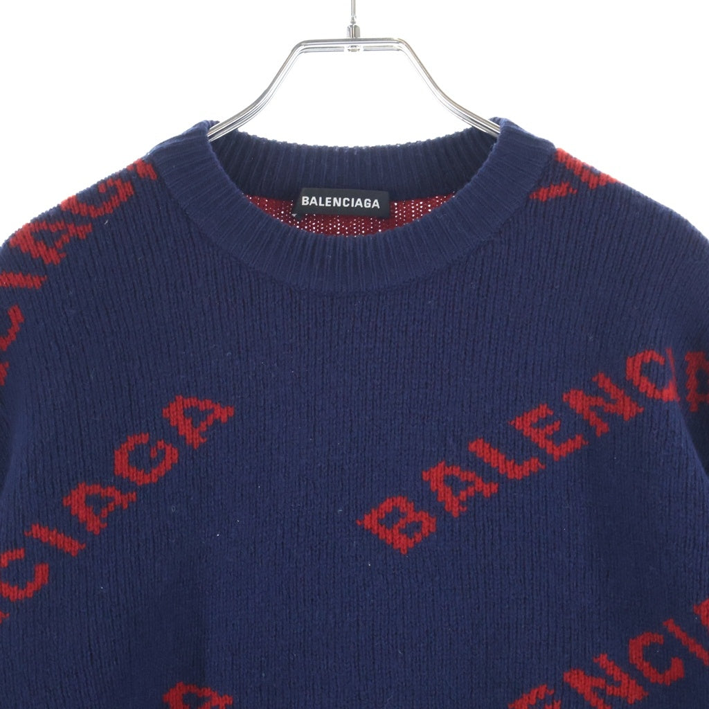 BALENCIAGA(バレンシアガ) 19AW ALLOVER LOGO CREWNECK KNIT オールオーバーロゴ クルーネック ジャガード ニットセーター ネイビー 547831 T1473