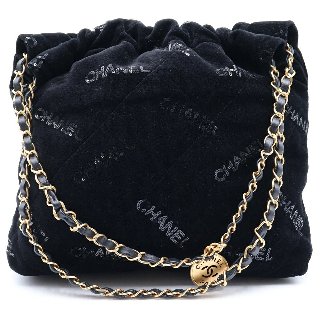 CHANEL(シャネル) シャネル22 ベルベット スパンコール スモール チェーンショルダーバッグ ランダムシリアル ゴールド金具 ブラック AS3261