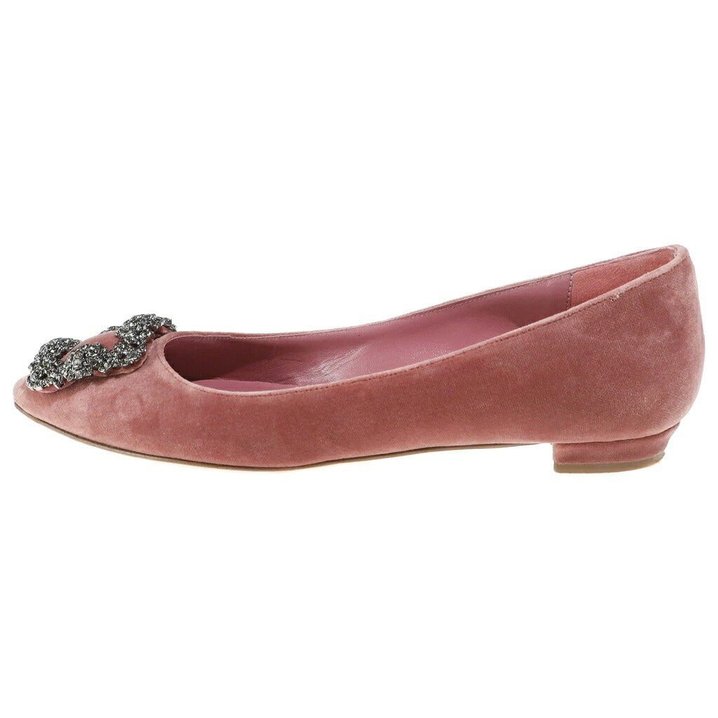 MANOLO BLAHNIK(マノロブラニク) ハンギシ ビジュー装飾 ベロア ベルベット フラット パンプス シューズ ピンク レディース