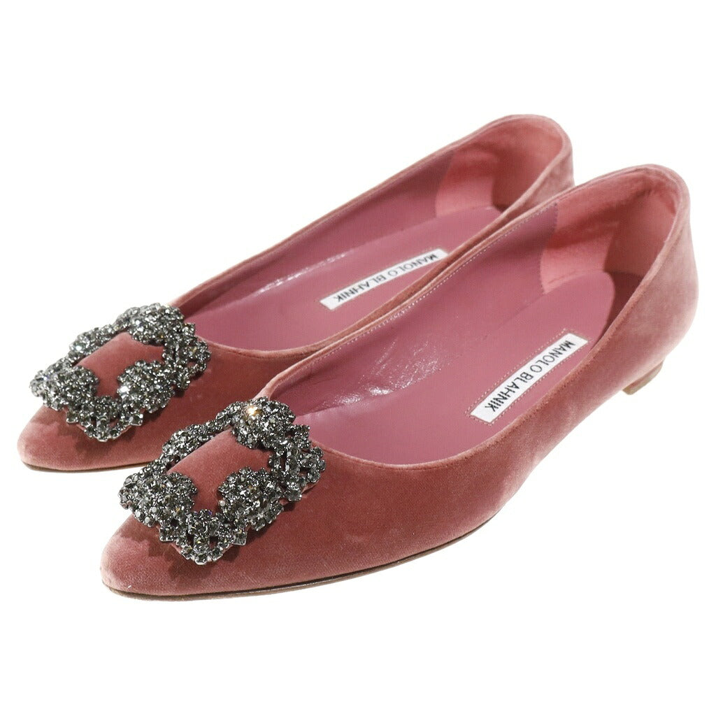 MANOLO BLAHNIK(マノロブラニク) ハンギシ ビジュー装飾 ベロア ベルベット フラット パンプス シューズ ピンク レディース